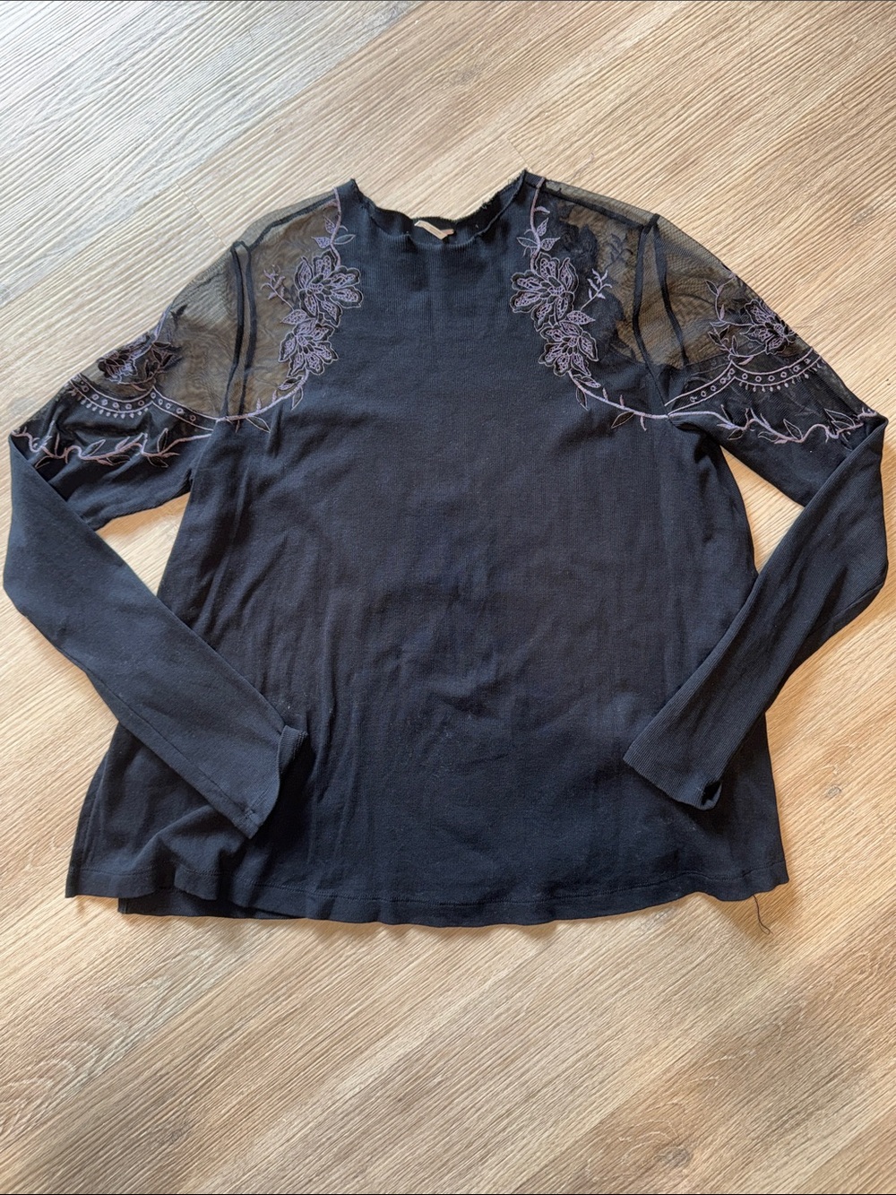 FREE PEOPLE Daniella Floral Embroidered Mesh Long Sleeve Knit Top Blouse